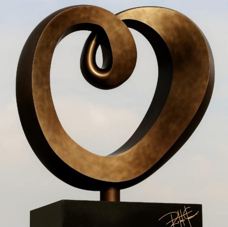 Maçã — Escultura. Bronze maciço puro · base em granito preto absoluto. Roberto Claussen.