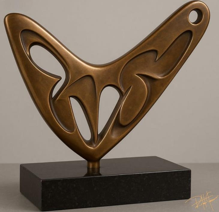 Coração de Artista — Escultura. Bronze maciço puro · base em granito preto absoluto. Roberto Claussen.