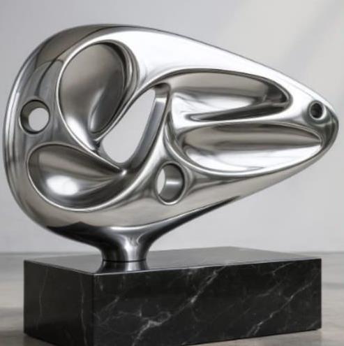 Fusion — Escultura. Alumínio aeronáutico · base em granito preto absoluto. Roberto Claussen.