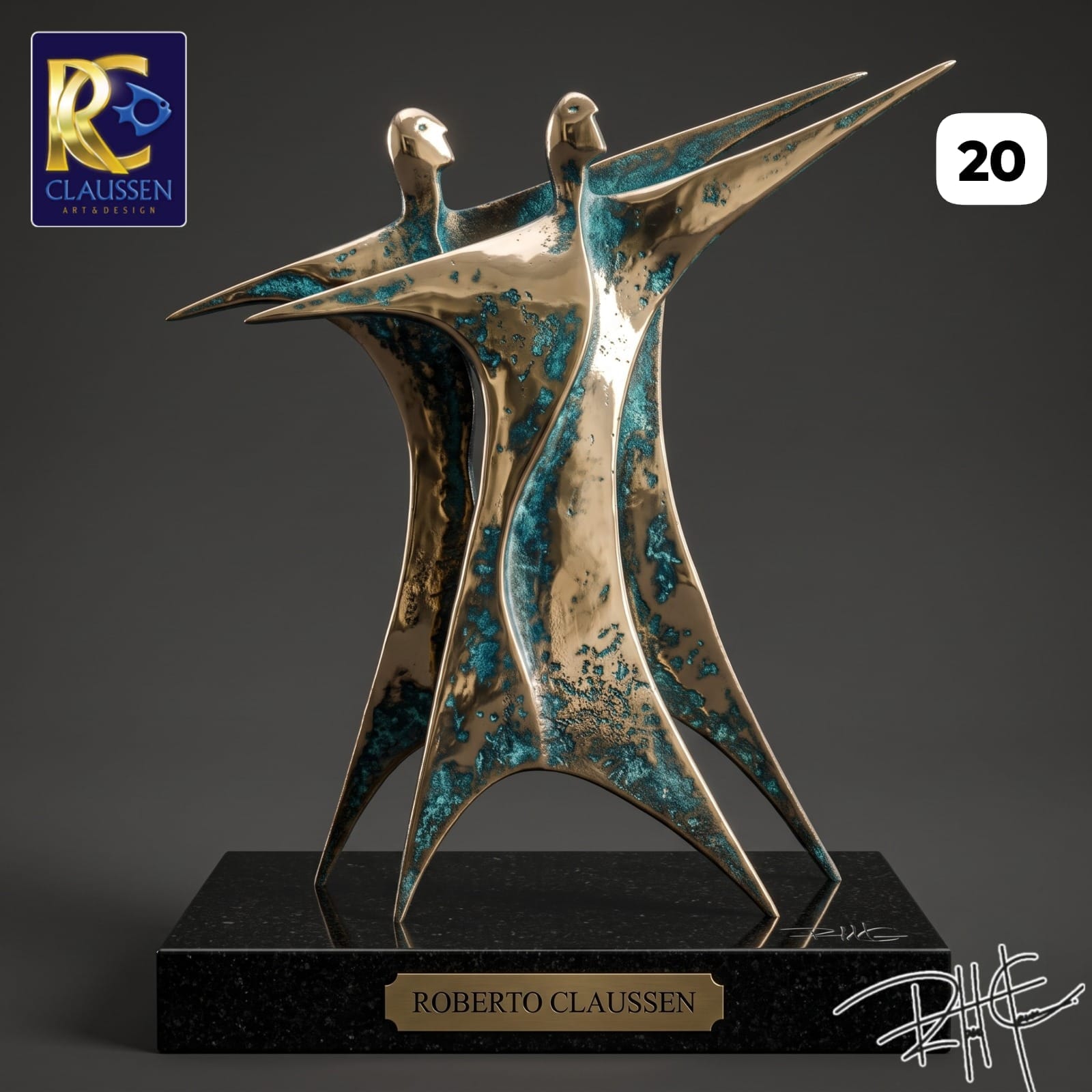 Voo a Dois — Escultura. Bronze maciço polido · pátina turquesa · base em granito preto absoluto. Roberto Claussen.
