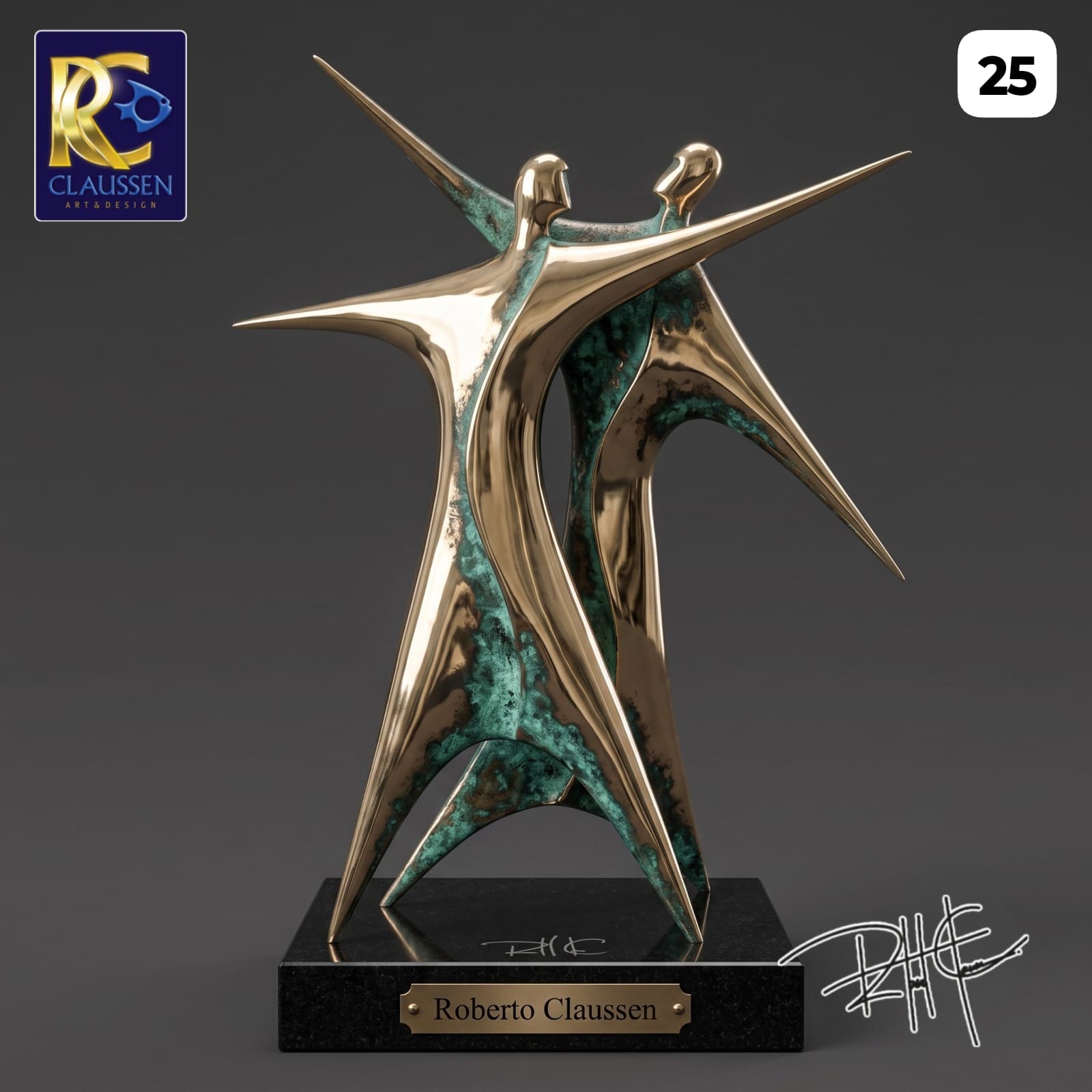 Dança das Estrelas — Escultura. Bronze maciço · pátina verde · base em granito preto absoluto. Roberto Claussen.